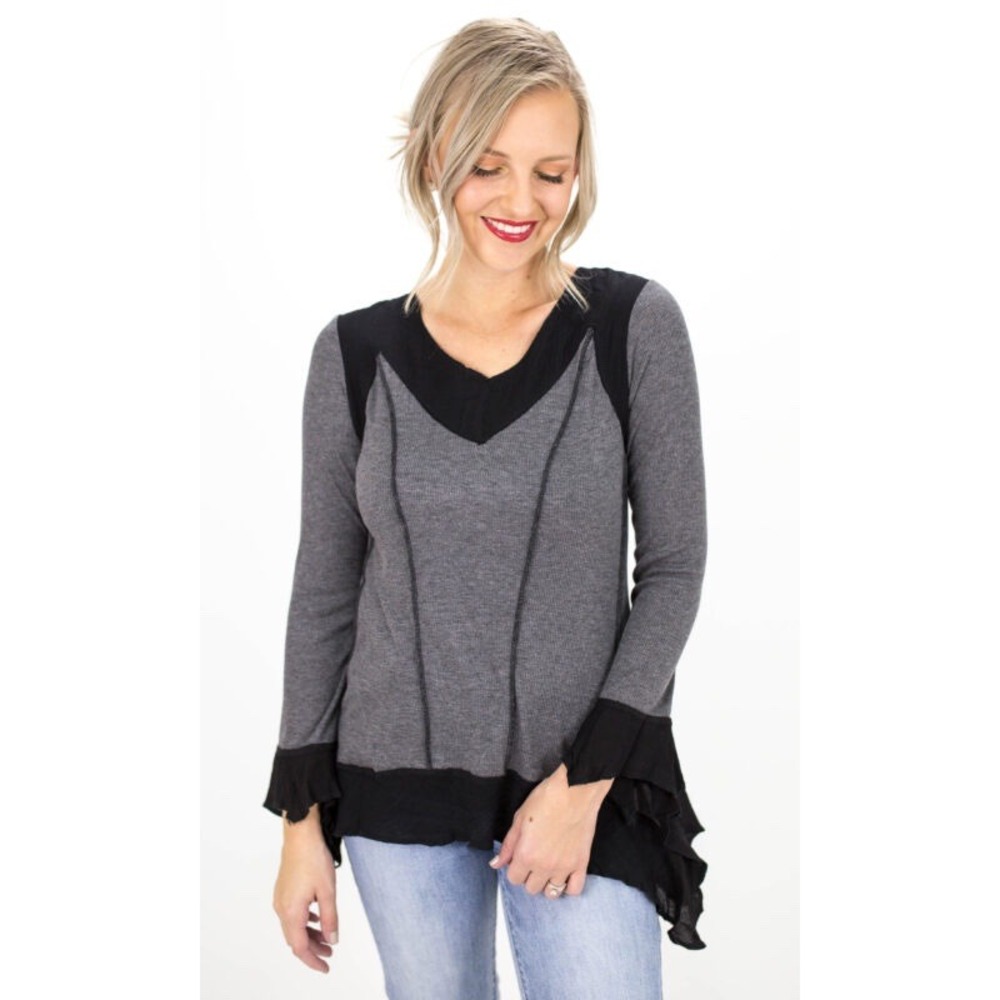 Pretty Angel Grey Black Mixed Media Ruffle Handkerchief Hem Tunic Top XL Boho